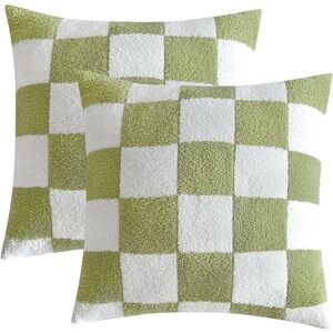 Checkered Set 2 Throw Pillow Covers Modern Matcha Green 18” Modern New Open Box